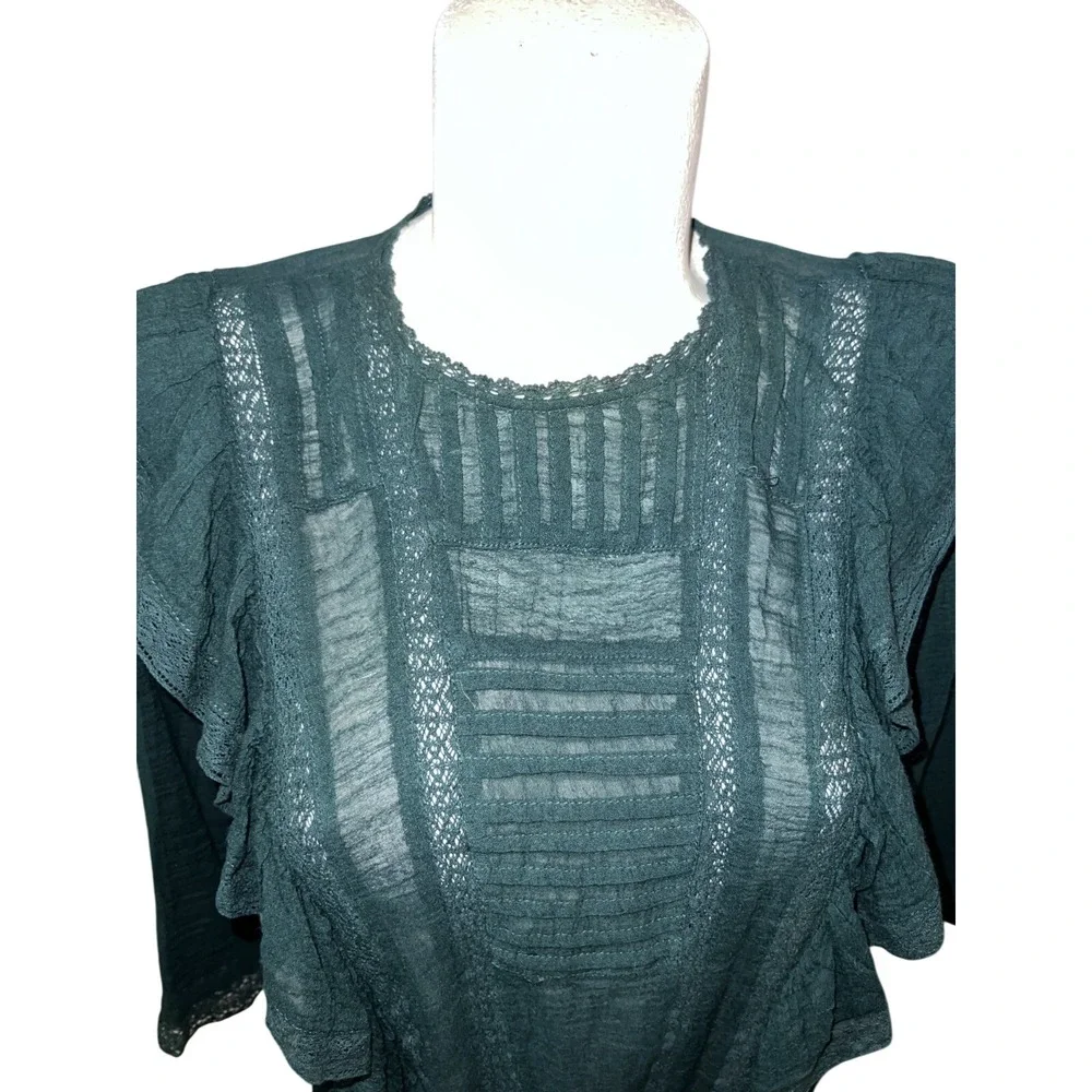 Free People Dark Green Lace Ruffle Sheer Blouse Top Womens XS High Neck Keyhole